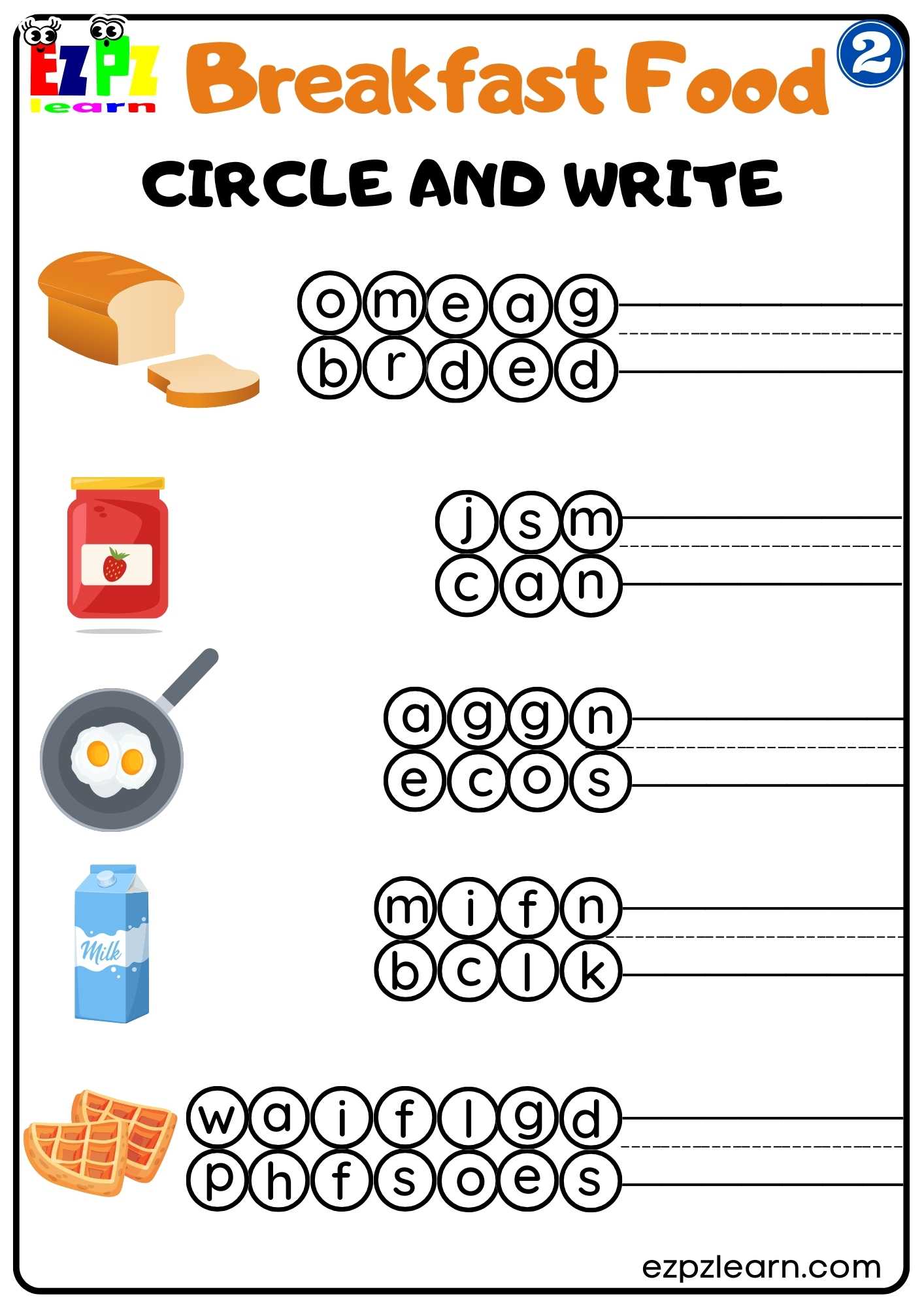 Group 2 Breakfast Food Vocabulary Circle and Write Worksheet for K5 and ESL Students PDF Download